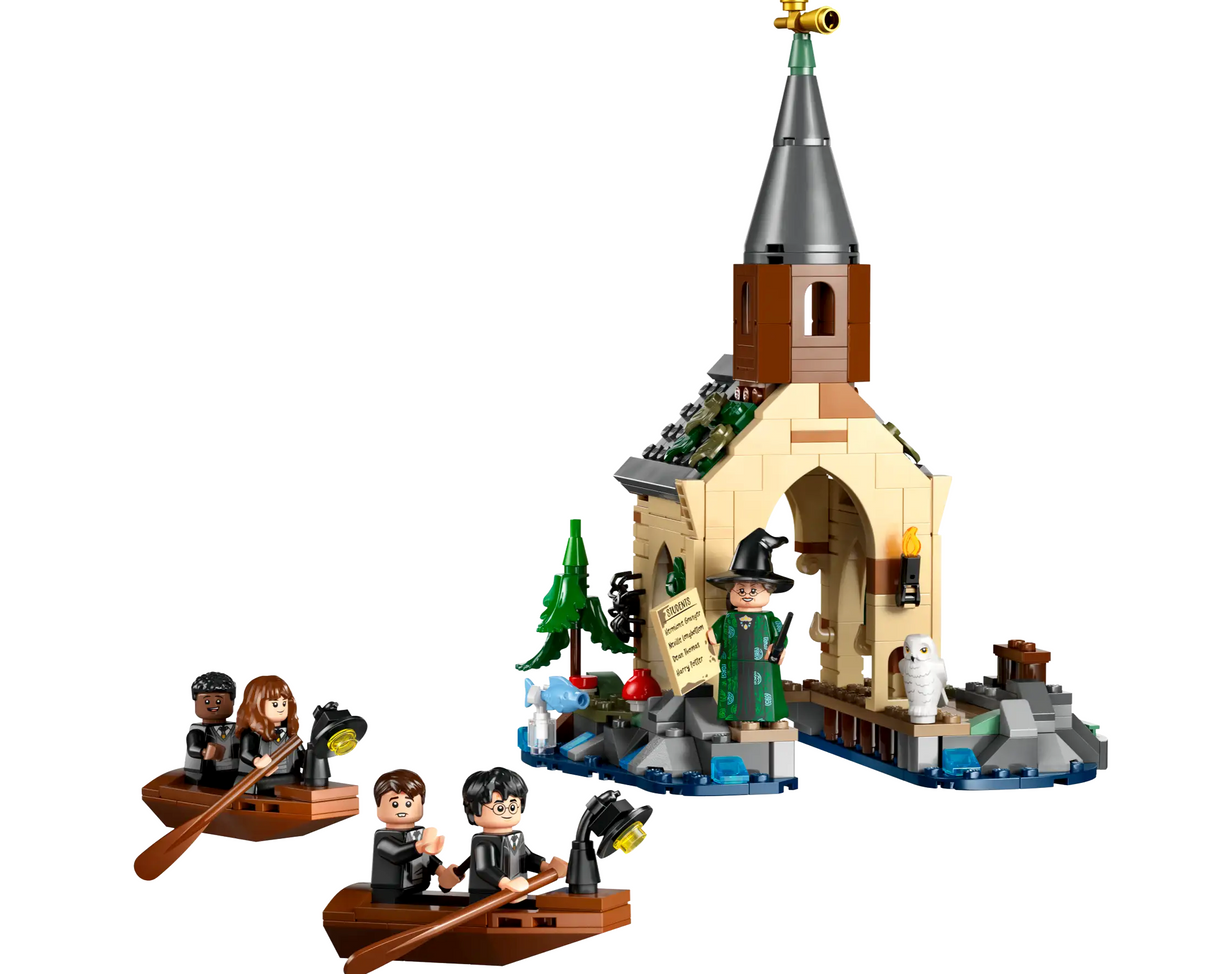 Harry Potter Hogwarts Castle Boathouse LEGO set with boats, minifigures, and detailed boathouse playset scene.
