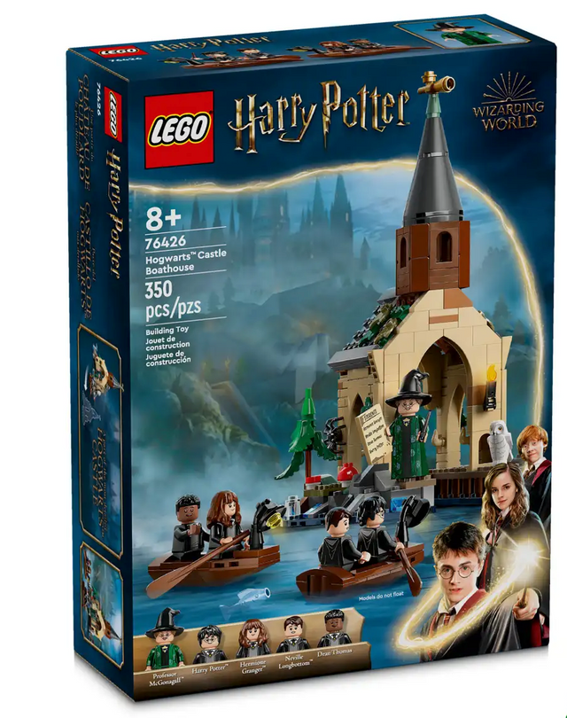 LEGO Harry Potter Hogwarts Castle Boathouse building set with boats, minifigures, and detailed boathouse playset.