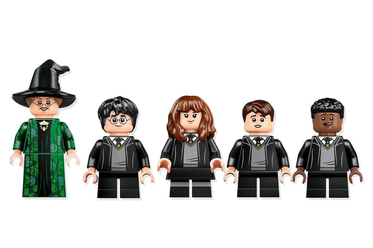 Five LEGO minifigures including Professor McGonagall and four Hogwarts students from Harry Potter Hogwarts Castle Boathouse set.