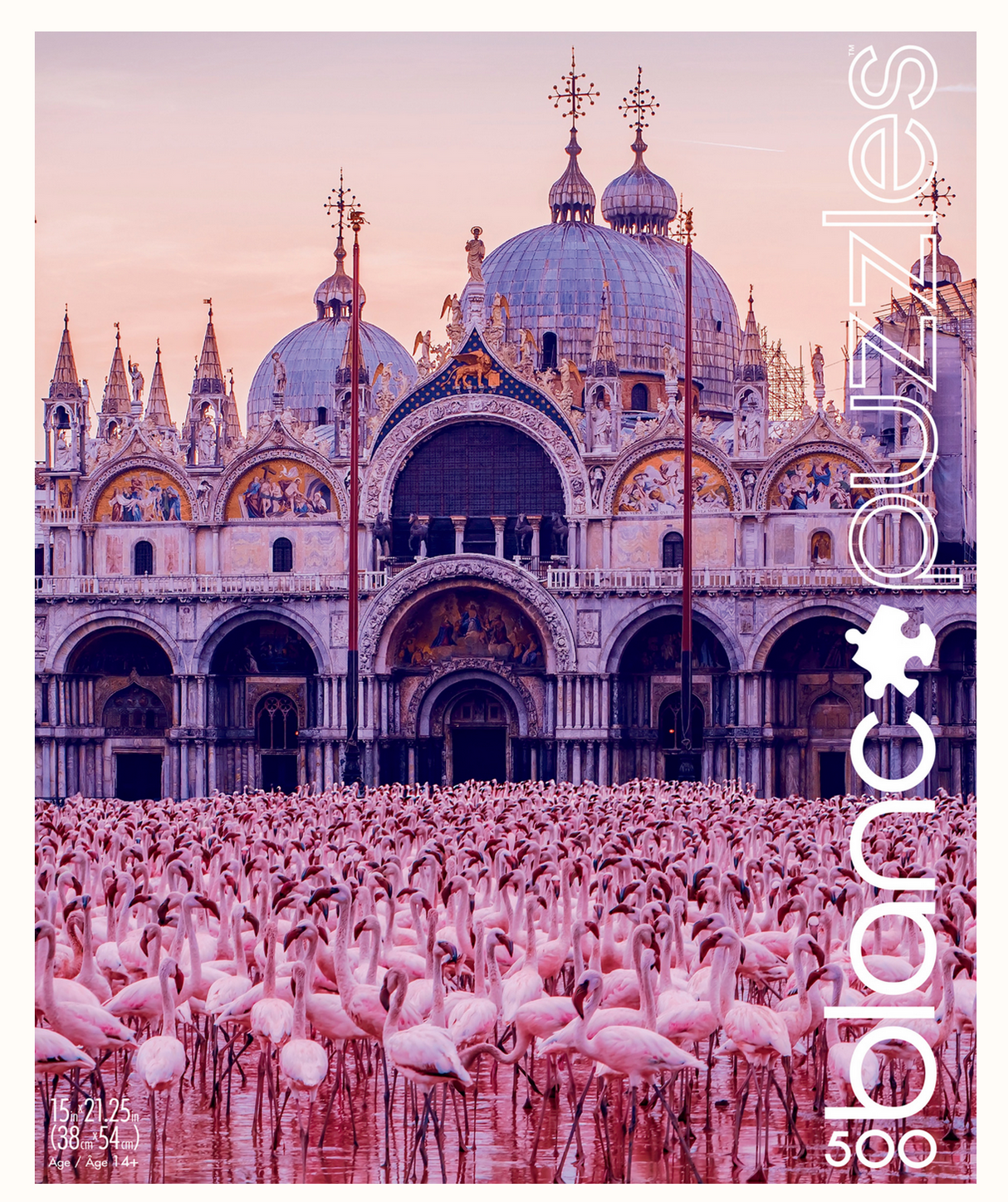 500pc Pink Flamingo Palace Puzzle featuring a flock of pink flamingos in front of a grand palace at sunset.