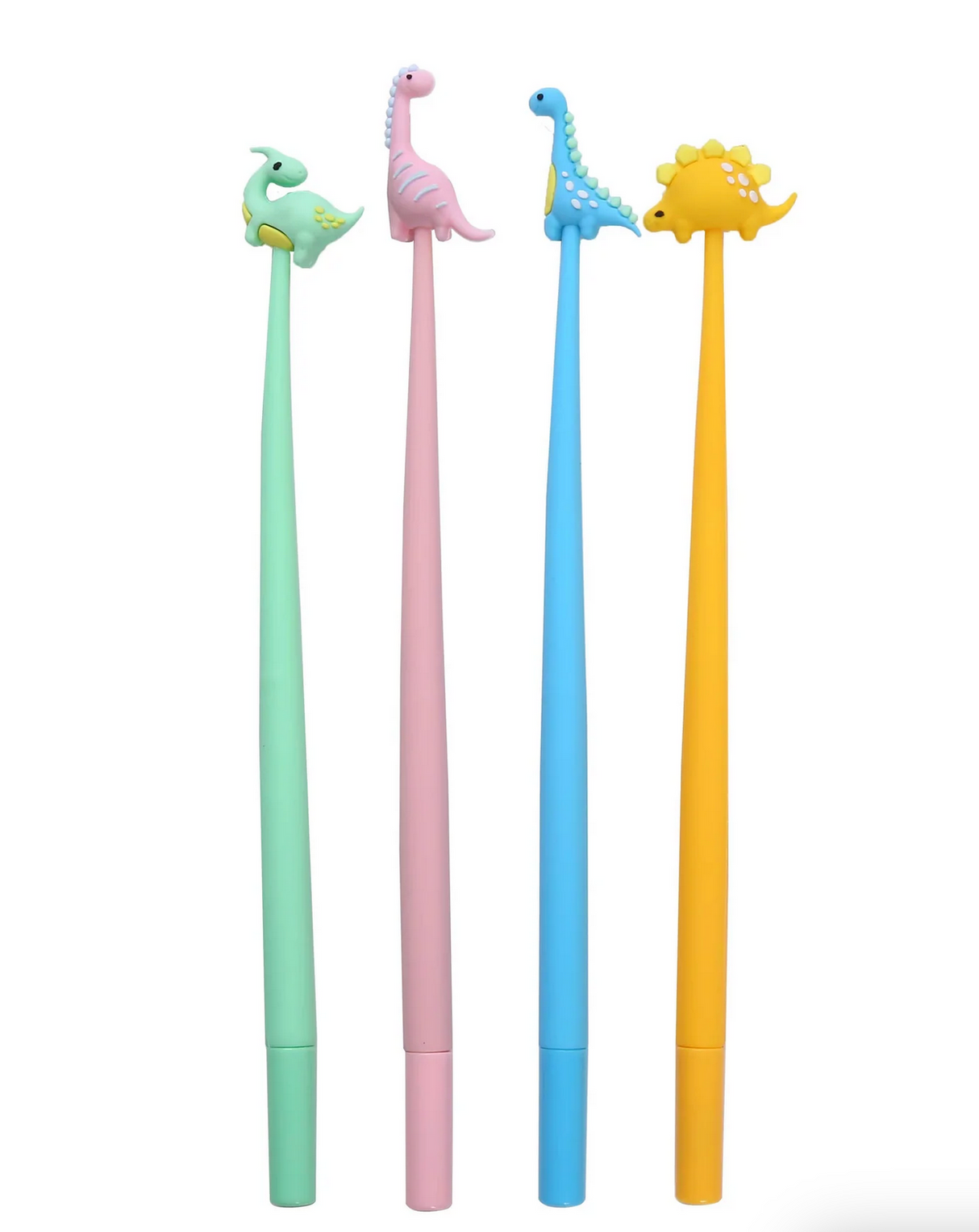 Jurassic Dinosaur Wiggle Gel Pen set with colorful gel pens topped with cute wiggling dinosaur figures for fun writing.