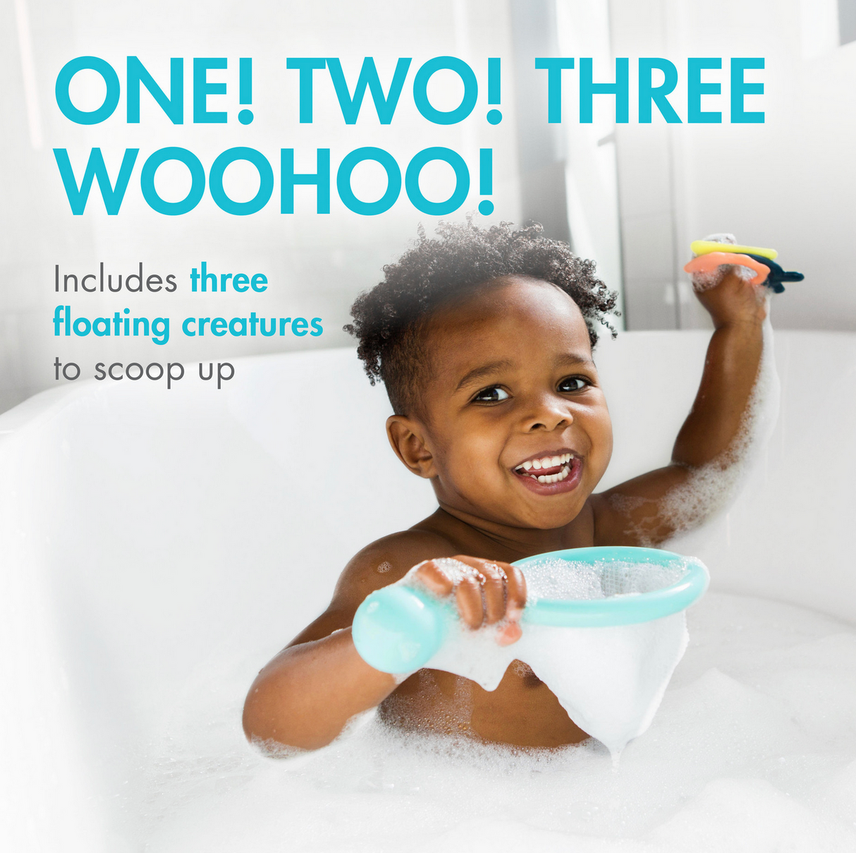 Smiling toddler playing in bath with WATER BUGS Fishing net and colorful floating insect toys.