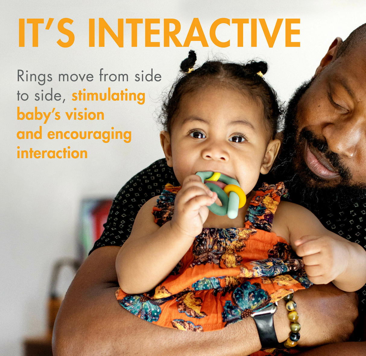 Baby chewing on the Silicone Teether | HOOP held by a smiling adult, showing interactive sliding rings for grasping.