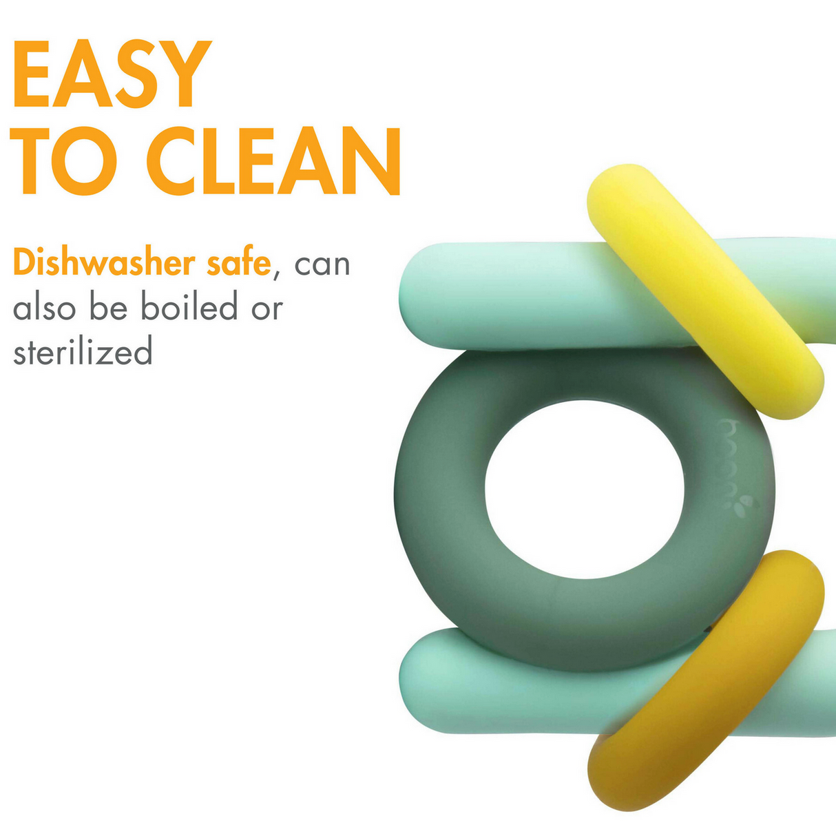 Silicone Teether | HOOP showcasing easy-to-clean design with dishwasher safe, boilable, and sterilizable food grade silicone.