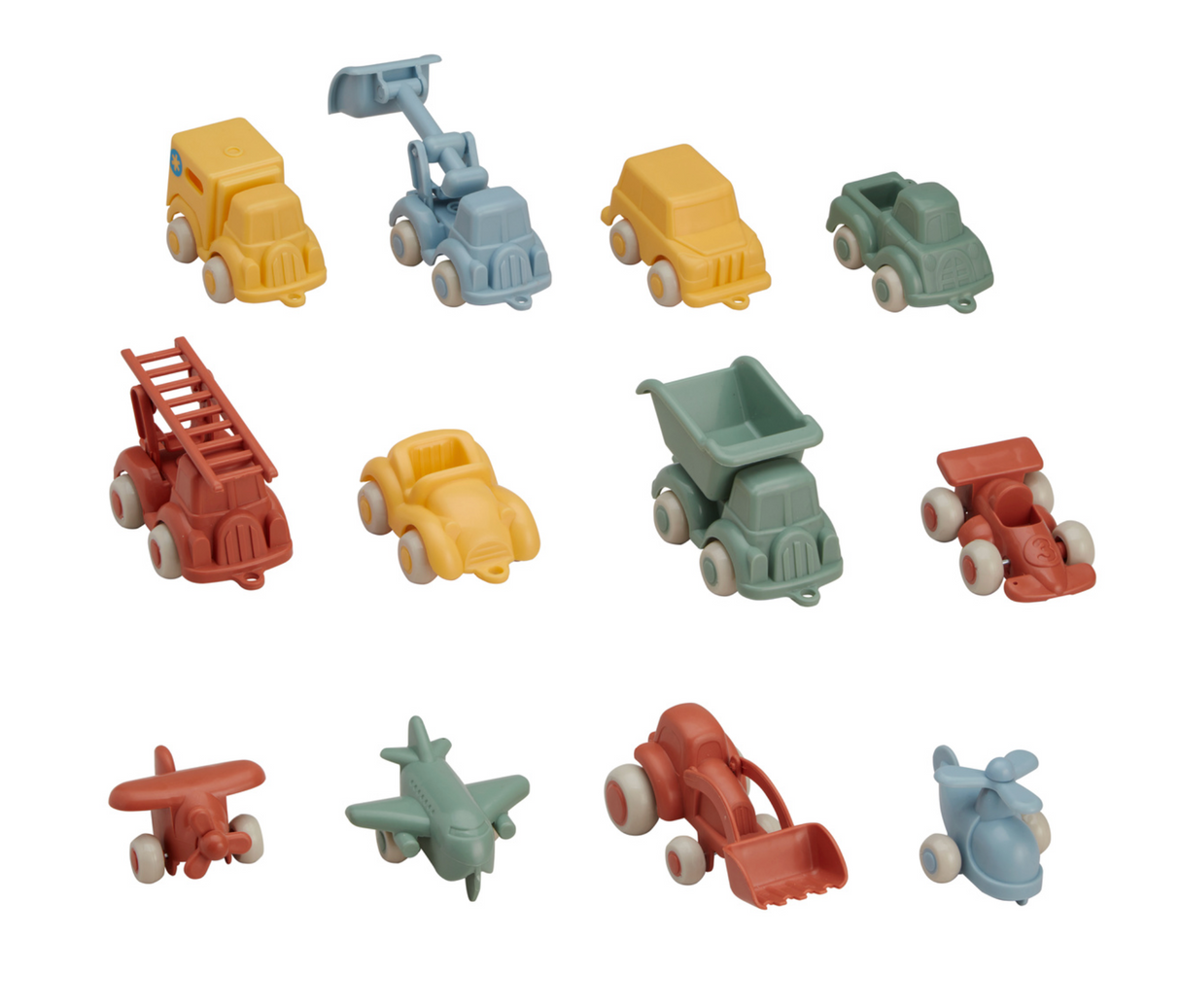 Assorted Re:line Chubbie Mini toy vehicles made from recycled plastic in bright, playful colors, Swedish-designed.