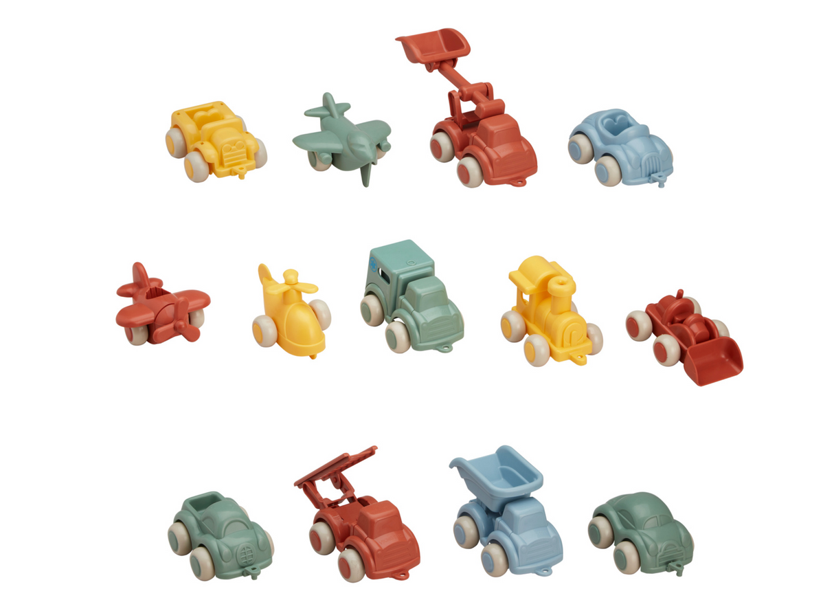 Collection of assorted colorful Re:line Chubbie toy vehicles made from 100% recycled plastic, eco-friendly and Swedish-designed.