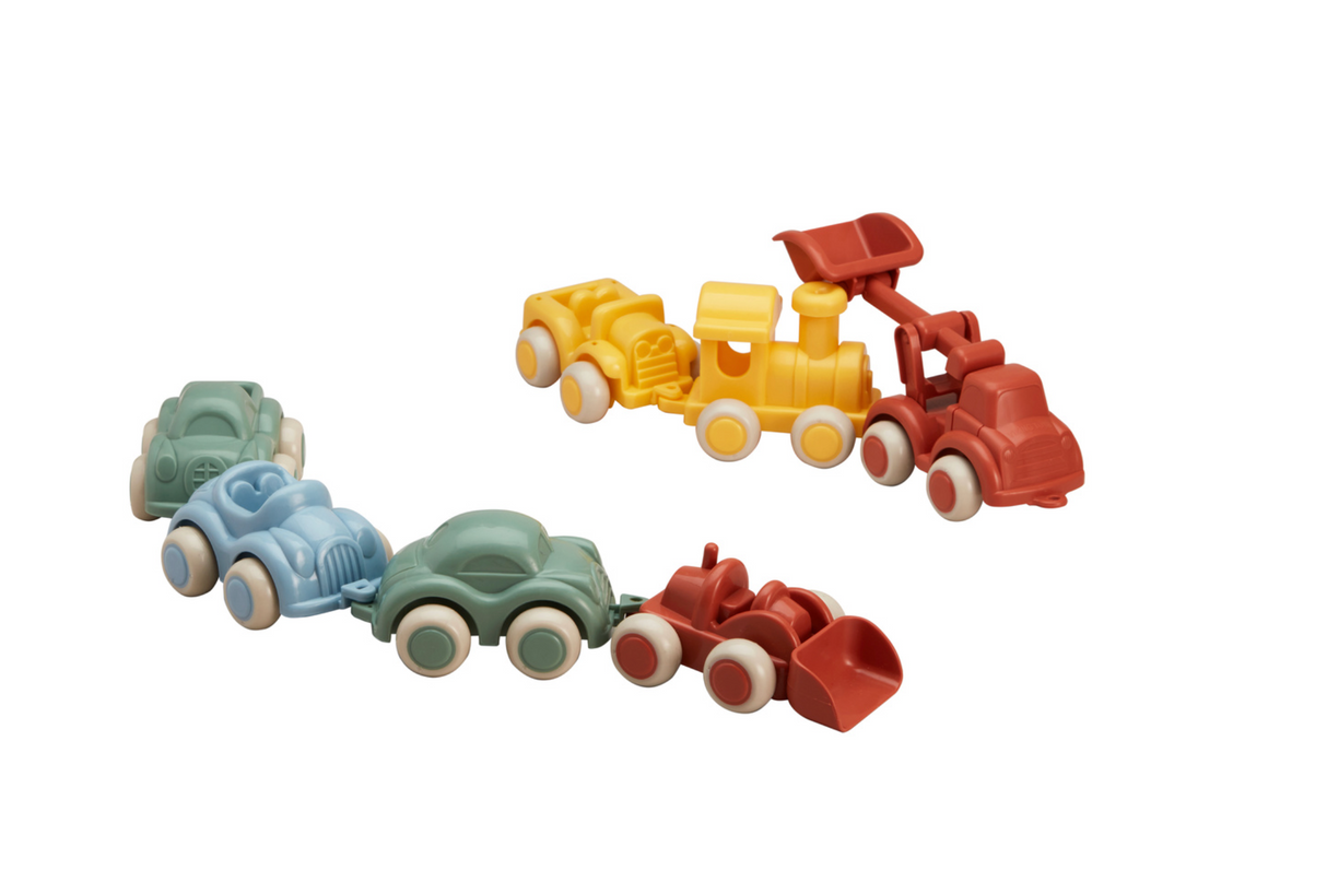 Re:line Chubbie colorful recycled plastic toy vehicles including cars and a train with loader attachment.