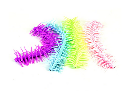 Candy Caterpillar toy in assorted pastel colors, soft, stretchy, and fun for kids ages 3 and up.