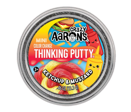 Mini Color Change Ketchup & Mustard Thinking Putty in a small tin with vibrant red and yellow swirls.