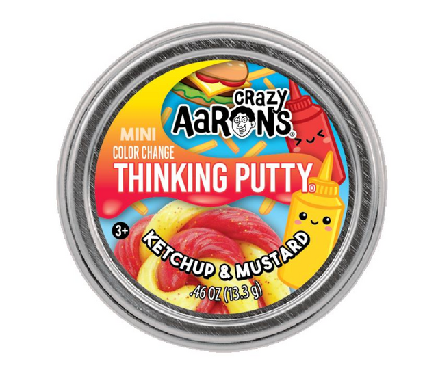 Mini Color Change Ketchup & Mustard Thinking Putty in a small tin with vibrant red and yellow swirls.