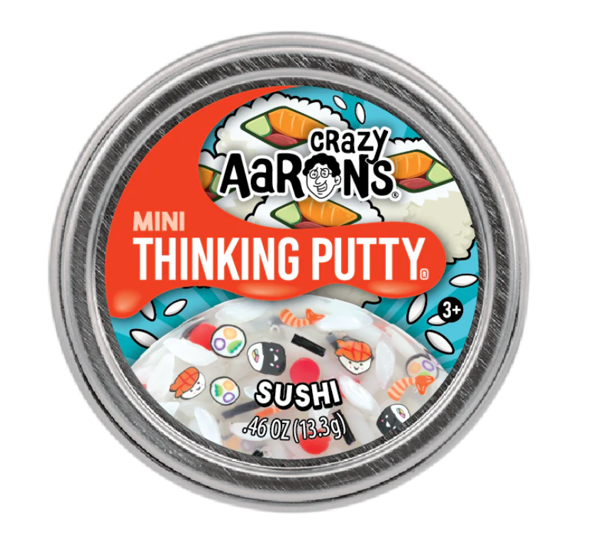 Mini Trendsetters Sushi Thinking Putty in a mini tin with sushi-themed pieces for tactile sensory play.