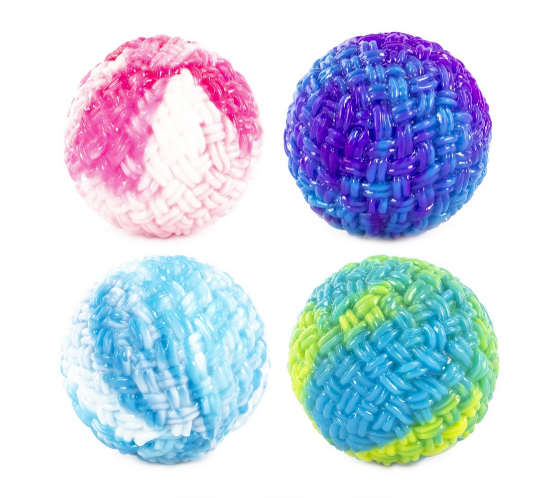 Tutti Fruiti Woolly Ball set in vibrant pink, purple, blue, and green colors with a textured woven design.