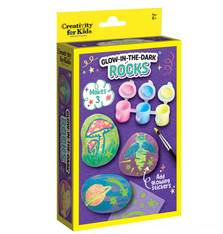 Glow in the Dark Rocks kit with paint, glowing stickers, and 3 painted rock art examples for kids.