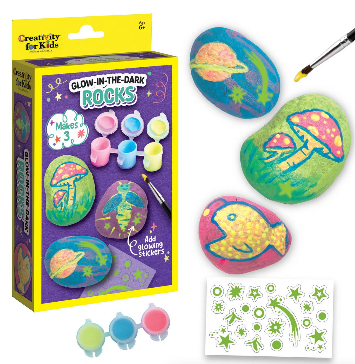 Glow in the Dark Rocks kit featuring painted stones and glowing stickers for fun rock art painting activities.