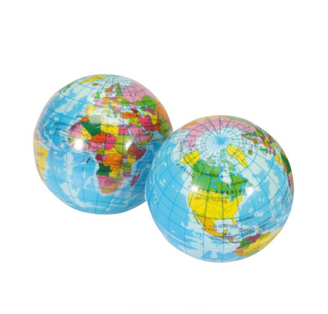 Two Soft Globe Ball foam balls featuring a colorful world map, perfect for ages 3 and up, 6 cm each.