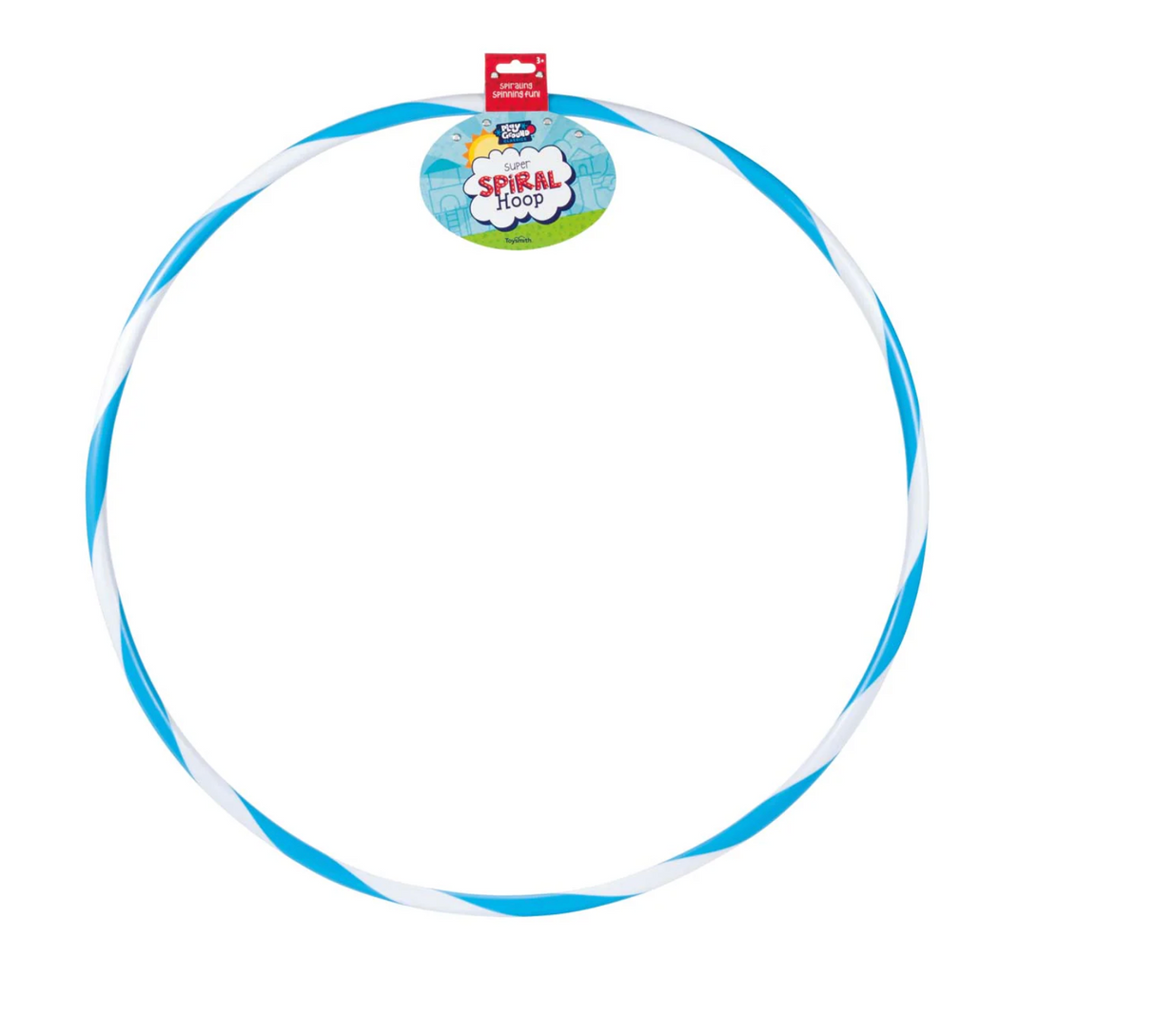 Hoola Hoop with blue and white two-toned spiral design, 24-inch size, makes noise with sound beads inside.
