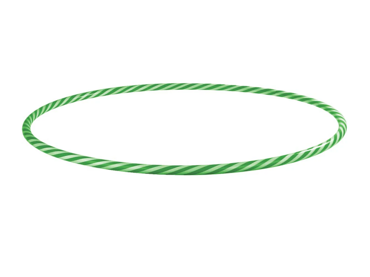 Hoola Hoop featuring a green two-toned spiral design, 30-inch size, perfect for ages 3 and up, makes musical sounds when played.
