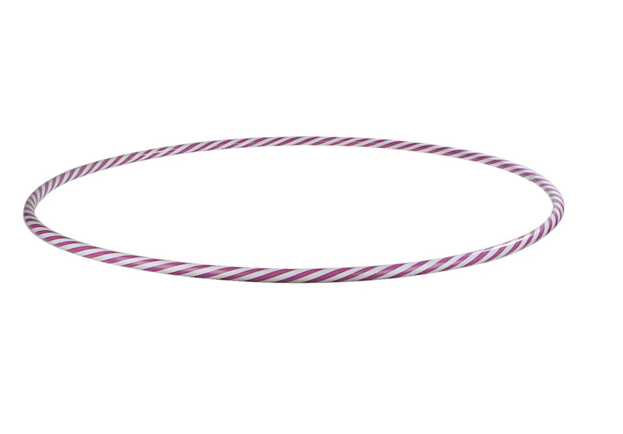 Hoola Hoop with pink and white two-toned spiral design, 27-inch size, playful and musical with sound beads inside.