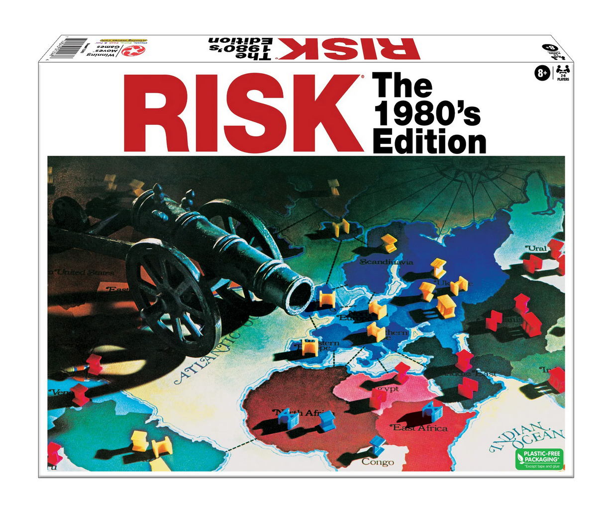 Risk 1980's Edition board game featuring classic 1980s artwork, armies, dice, and game components for strategy play.