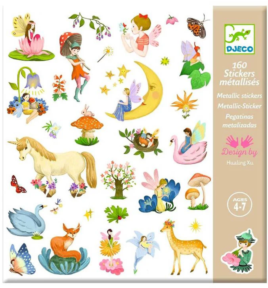 Fantasy Stickers featuring colorful fairies, animals, and metallic gold details in whimsical fantasy designs for ages 4 and up.