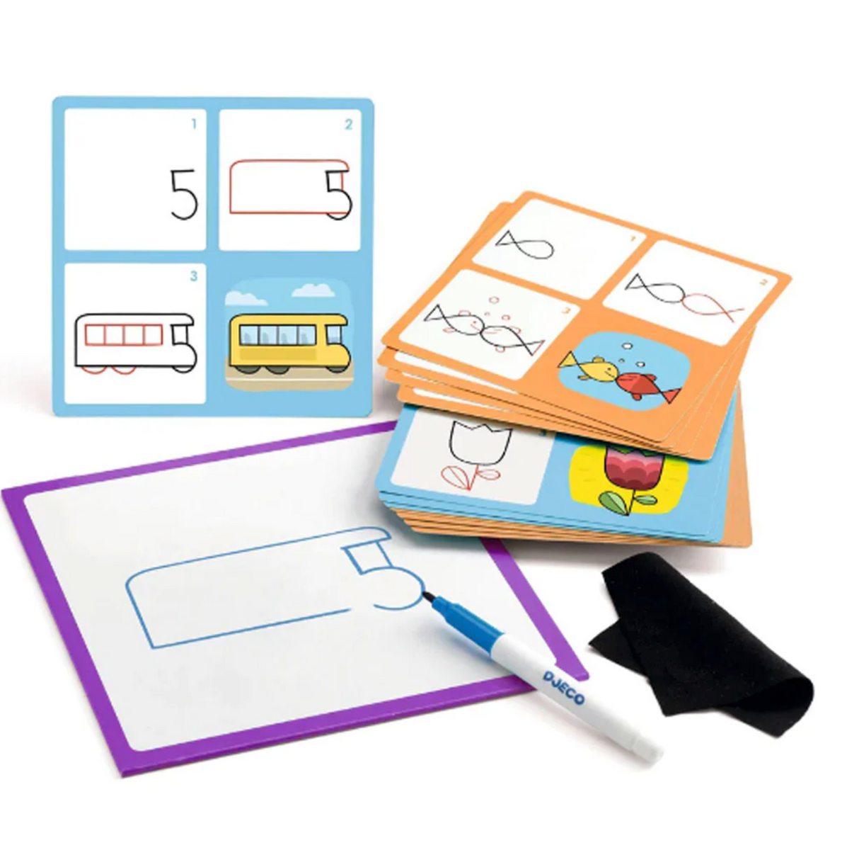 Step by Step 1,2,3 and Co drawing set with template cards, erasable pen, and blank board for kids.