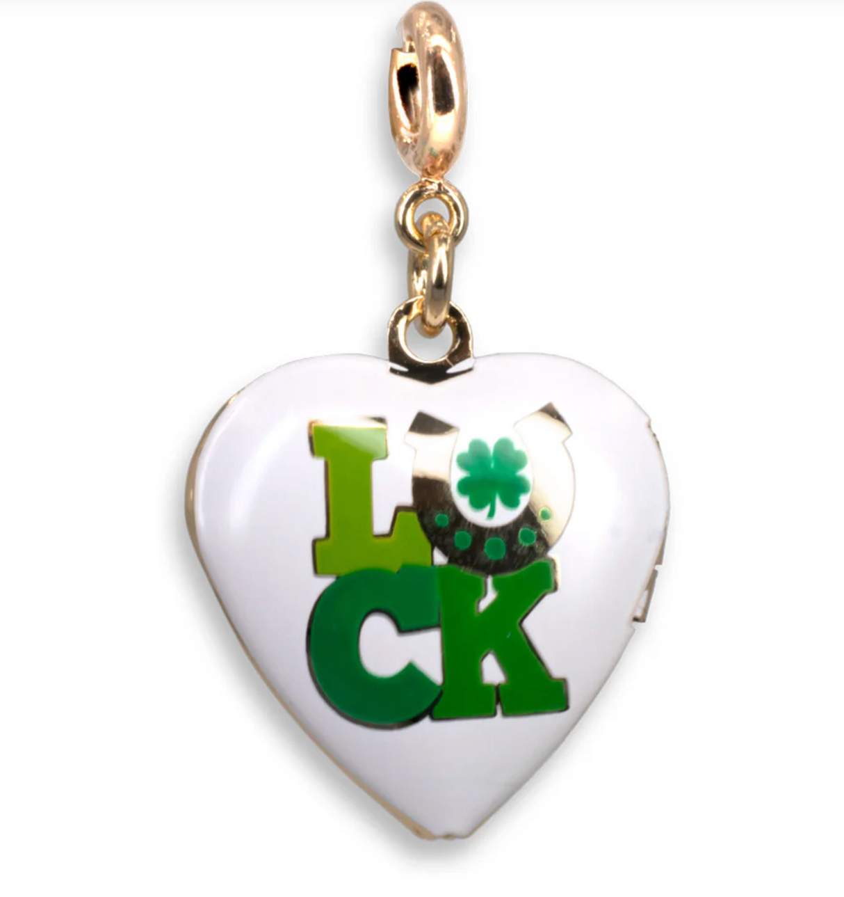 Gold Luck Locket Charm featuring a white heart enamel design with green luck lettering and gold-tone clasp.