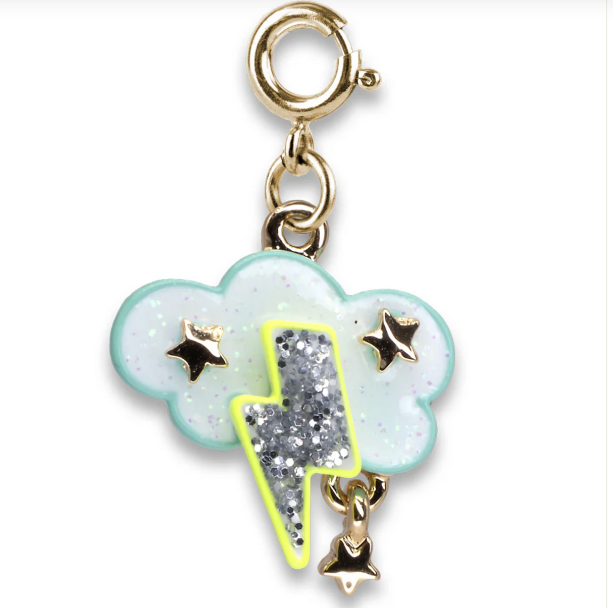 Gold Glitter Lightning Charm featuring a glittery lightning bolt and stars on a cloud charm with gold clasp.
