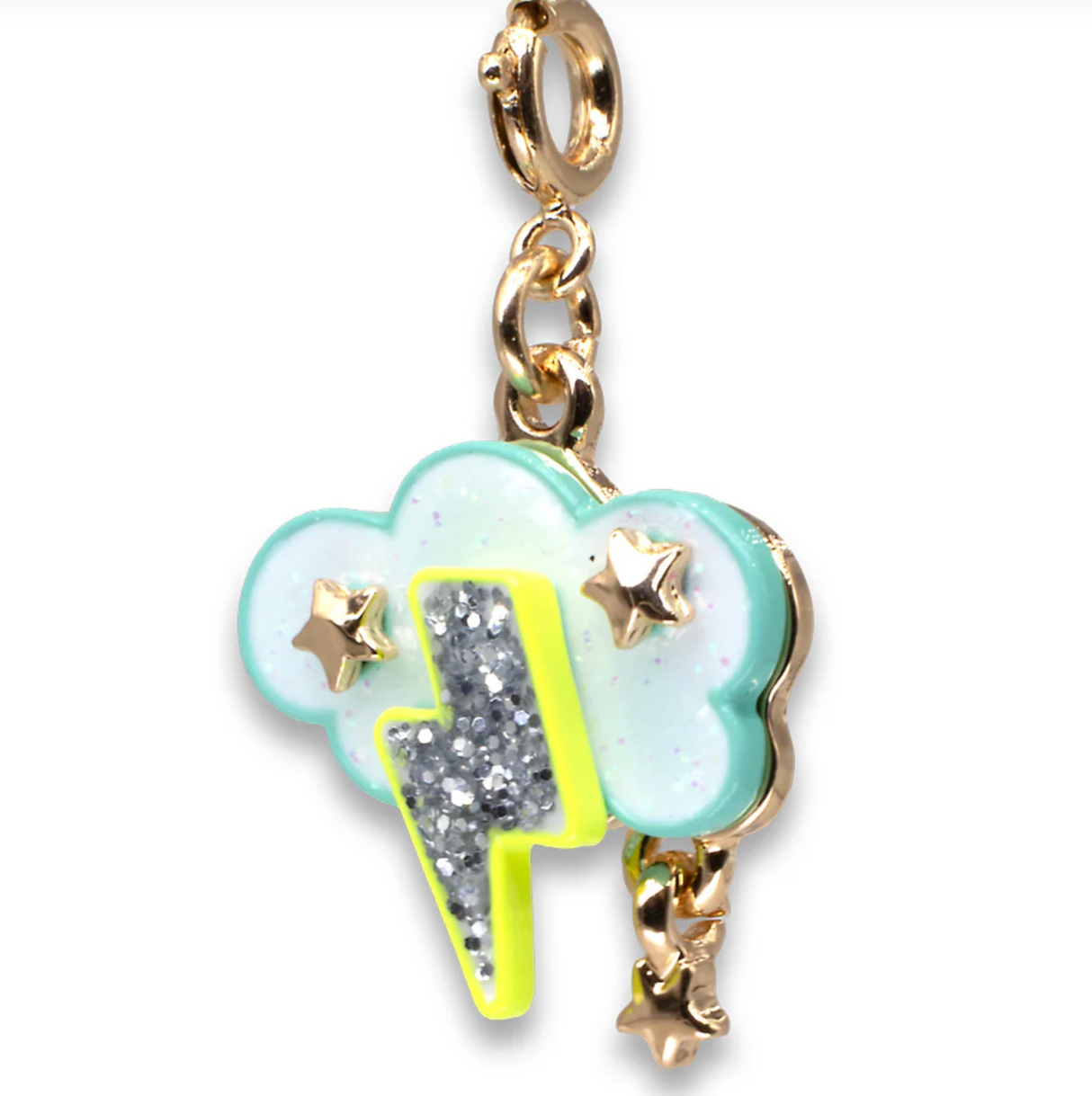 Gold Glitter Lightning Charm featuring a glittery bolt on a cloud with gold star accents for bracelets or necklaces.