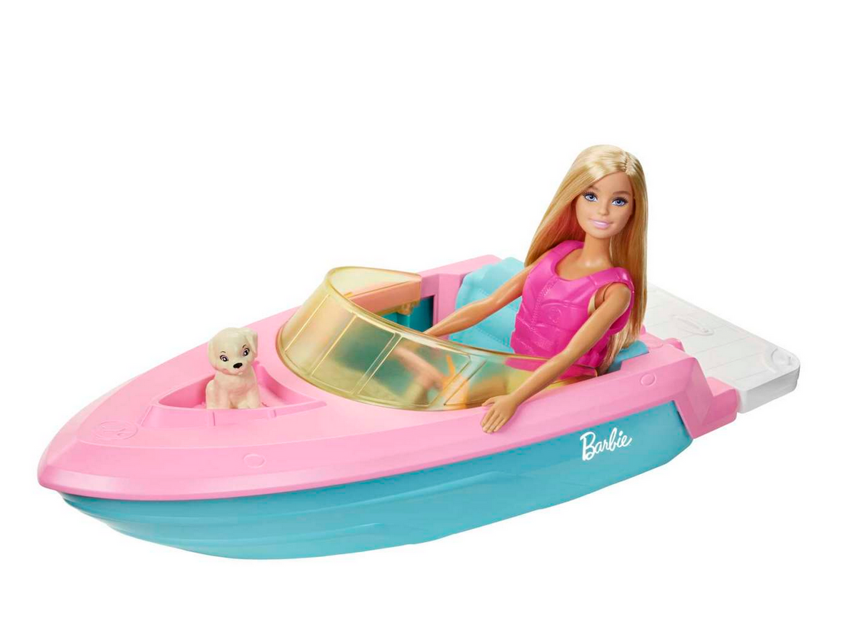 Barbie & Boat featuring Barbie doll in pink life vest riding a blue and pink speedboat with her pet puppy.