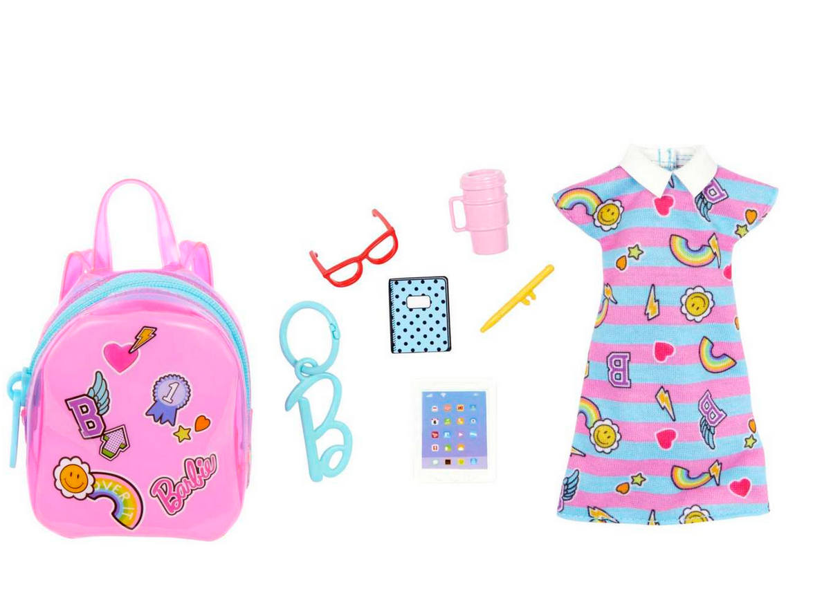 Barbie Fashions Backpack with pink bag, colorful dress, and accessories for Barbie dolls' stylish adventures.