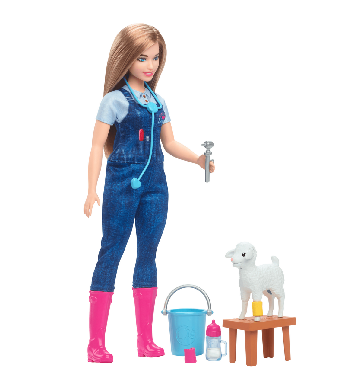Barbie Livestock Veterinarian doll in blue overalls with pink boots, holding vet tools with lamb and accessories.