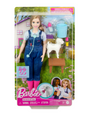 Barbie Livestock Veterinarian doll with pink boots, lamb, stethoscope, and veterinary accessories in farm-themed packaging.