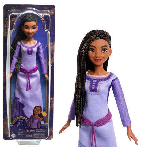 Disney Wish Asha doll with posable limbs, removable outfit, and detailed design from the animated musical collection.