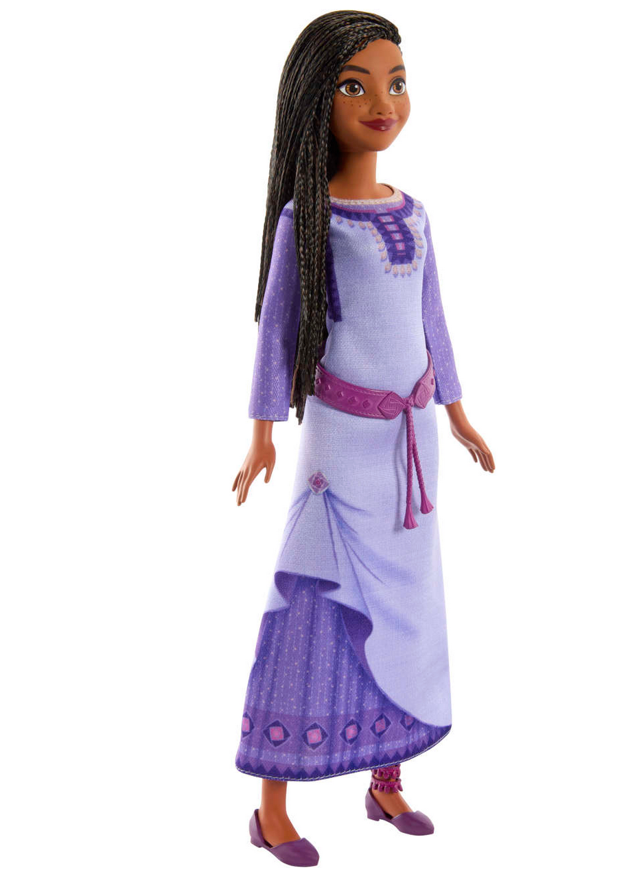 Disney Wish Asha doll wearing a detailed purple dress with braided hair and posable limbs.