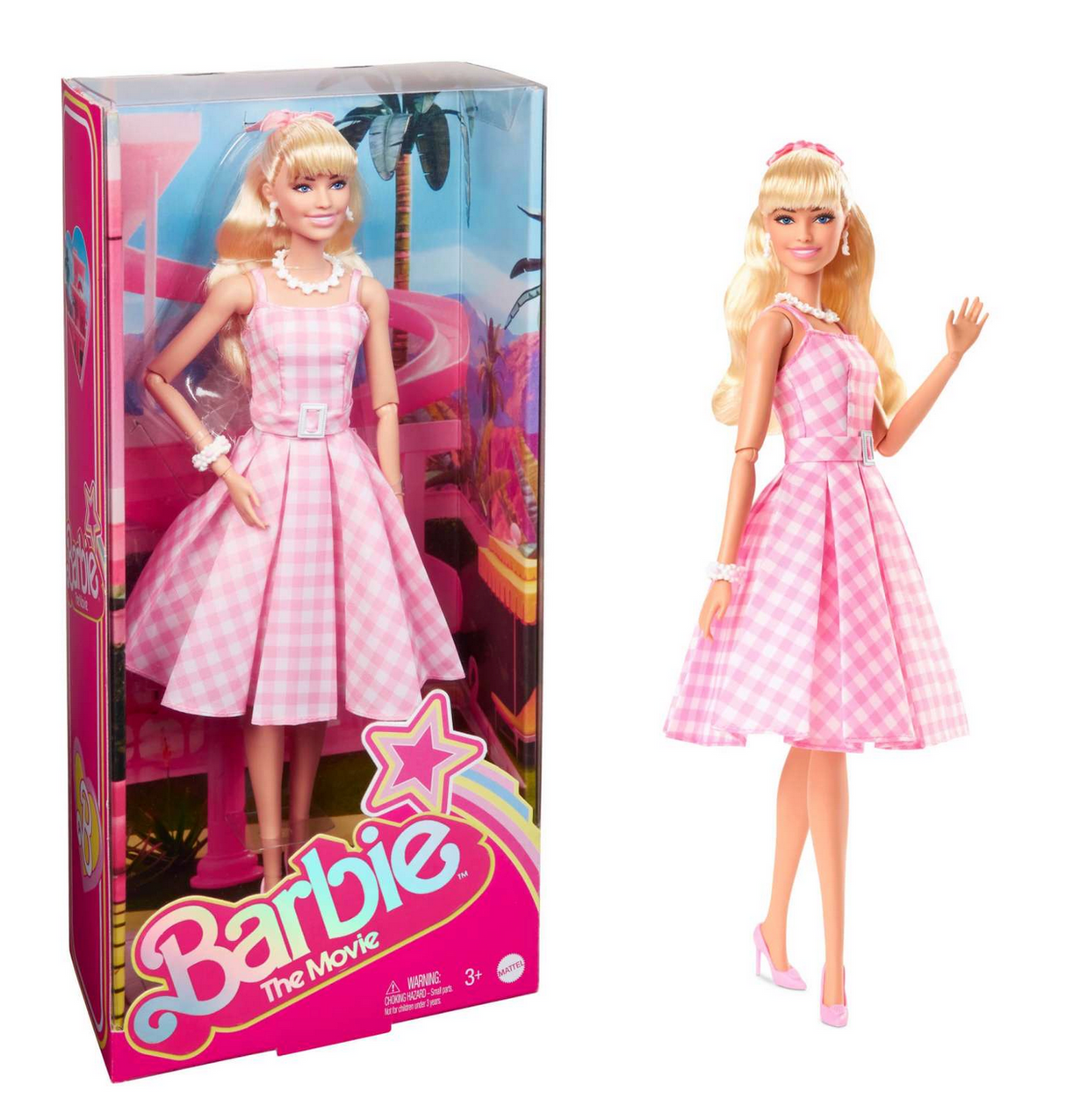 Barbie The Movie doll in pink gingham dress with daisy necklace and pastel pumps, inspired by Margot Robbie.