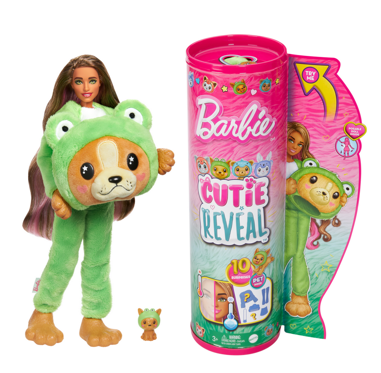 Barbie Cutie Reveal Dog Frog doll in green frog costume with colorful hair and mini pet next to packaging tube.