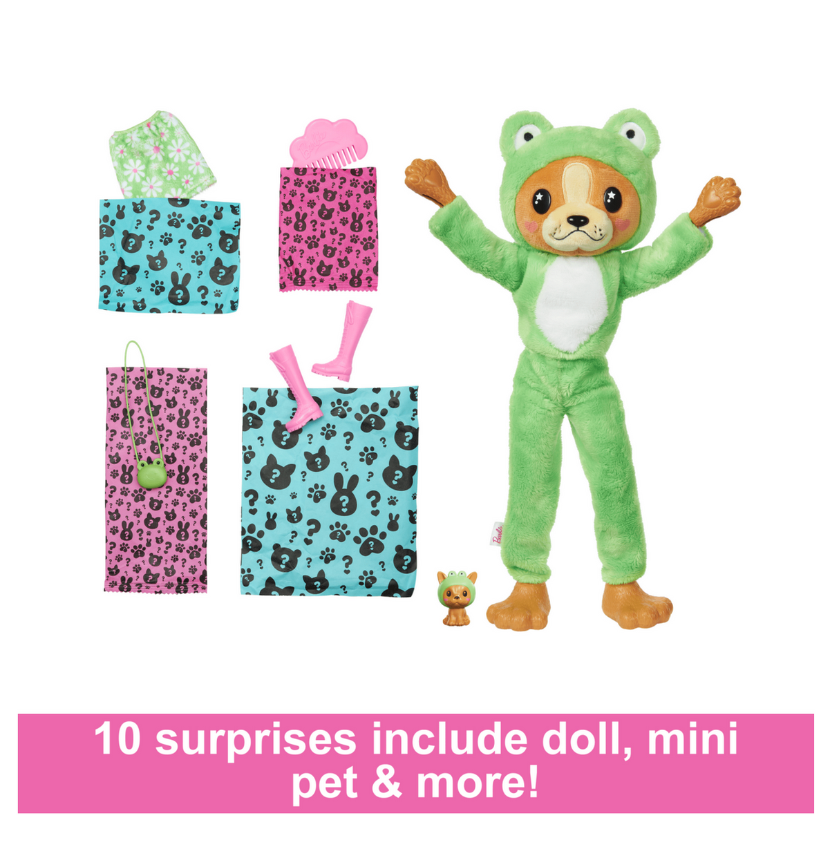 Barbie Cutie Reveal Dog Frog doll in frog costume with mini pet, pink boots, and accessories for unboxing fun.