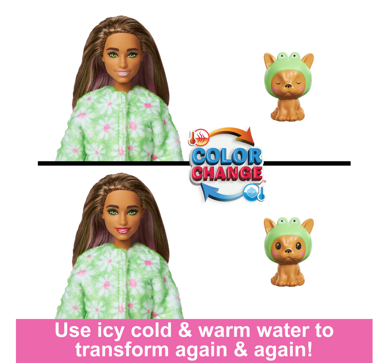 Barbie Cutie Reveal Dog Frog doll and mini pet showing color change with icy cold and warm water transformations.
