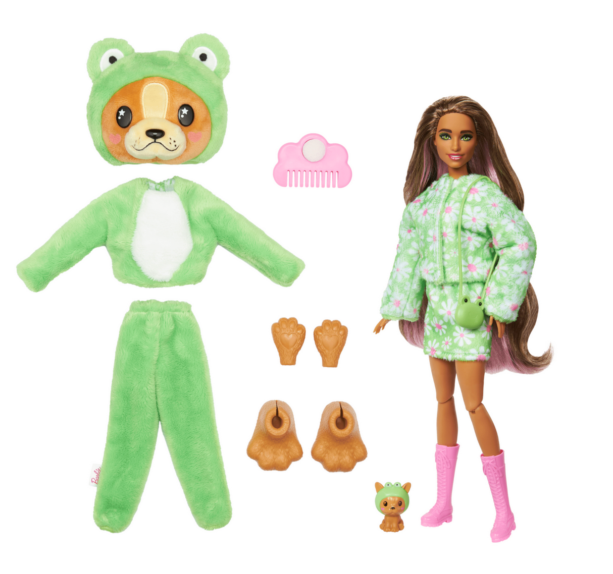 Barbie Cutie Reveal Dog Frog doll with green frog costume, colorful hair, mini pet, accessories, and posable doll.