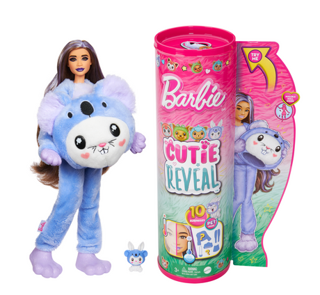 Barbie Cutie Reveal Bunny/Koala doll in koala costume with color-change pet and 10 surprise accessories packaging.