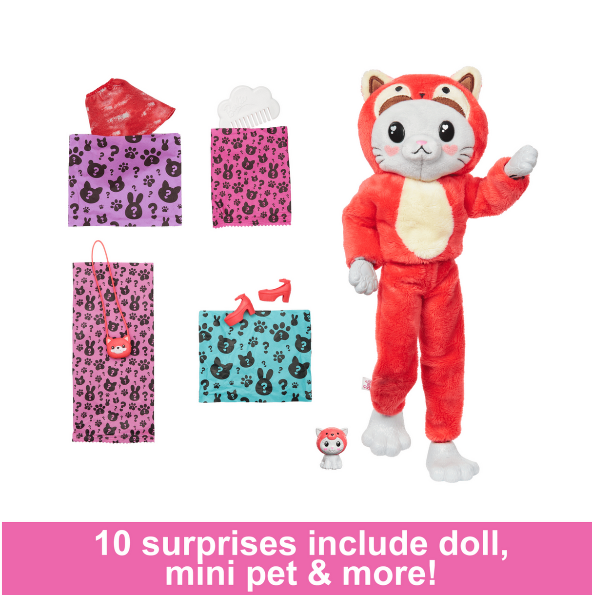 Barbie Cutie Reveal Kitty/Red Panda doll in red panda costume with mini pet and accessories unboxed.