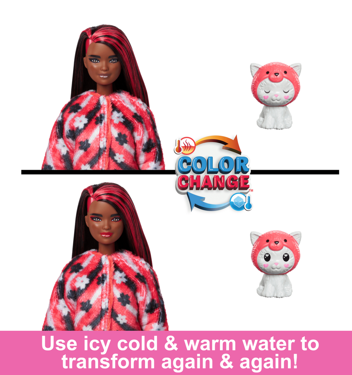 Barbie Cutie Reveal Kitty/Red Panda doll and mini pet with color-change face and costume using icy cold and warm water.