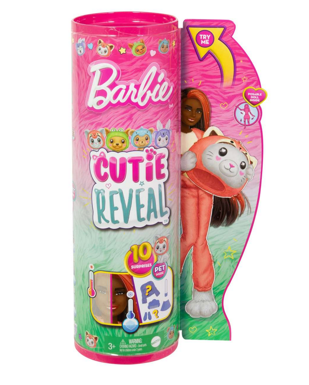 Barbie Cutie Reveal Kitty Red Panda doll in a plush costume with 10 surprises and posable doll inside packaging