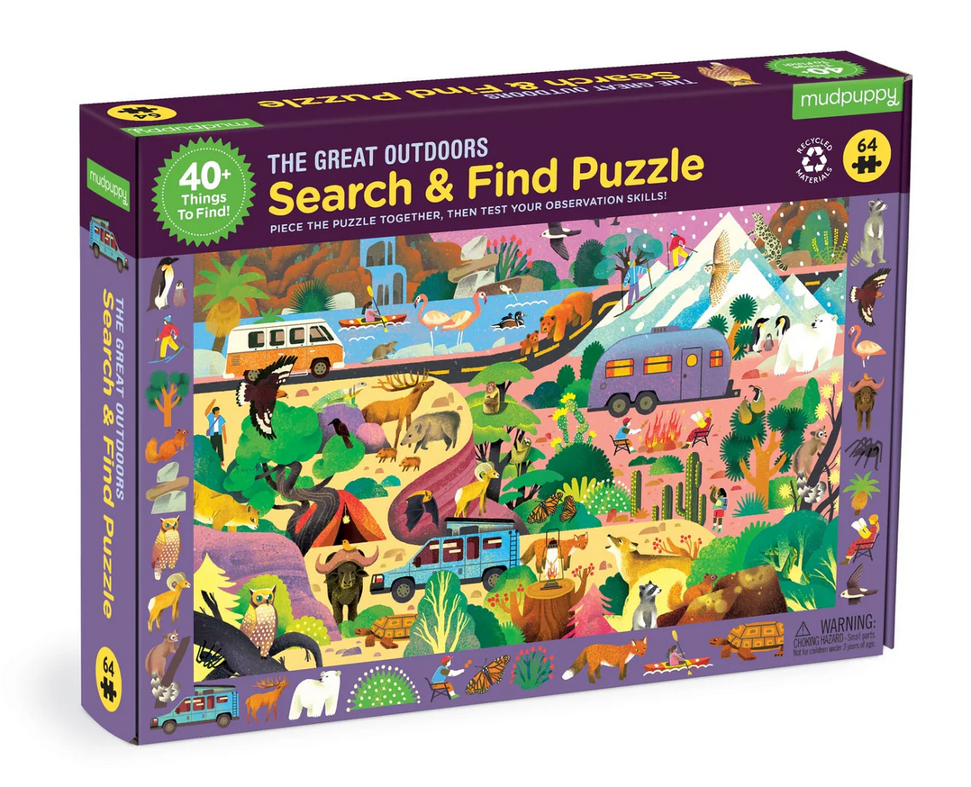 64pc Great Outdoors Search & Find Puzzle featuring outdoor animals and plants with 64 pieces and 40+ things to find.