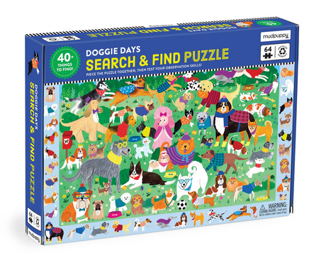 64pc Doggie Days Search & Find Puzzle box featuring colorful dog illustrations and border with 40+ hidden dogs to find.