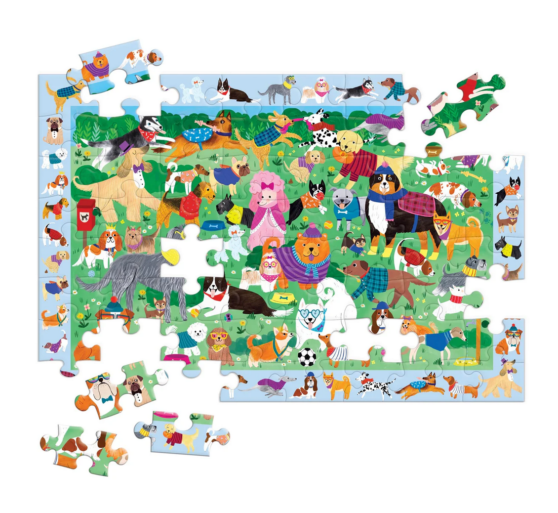 64pc Doggie Days Search & Find Puzzle featuring colorful dogs and border with hidden pups for kids 4+ to assemble and explore.