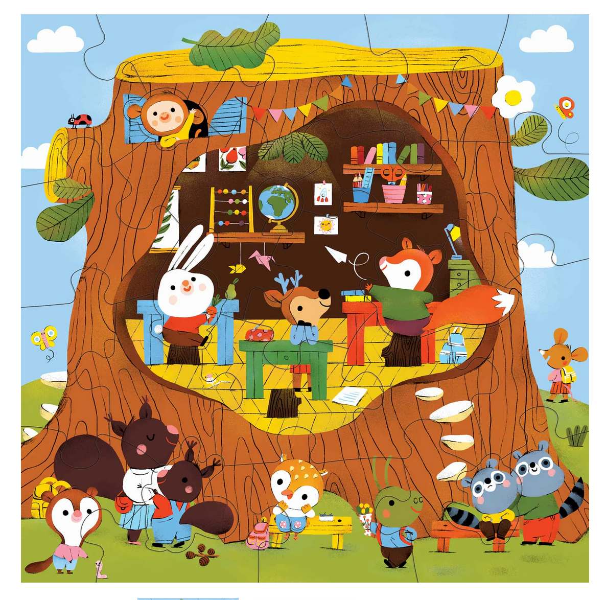 25pc Forest School Floor Puzzle showing colorful forest animals in a treehouse with oversized puzzle pieces for kids.