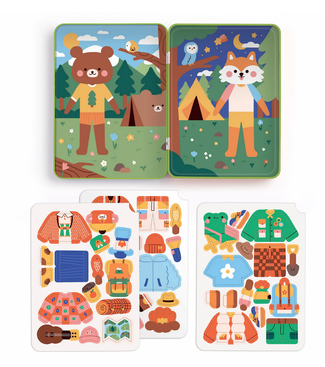 Magnetic Happy Camper Set with colorful wildlife scenes and mix-and-match magnets for imaginative play in a sturdy tin case.