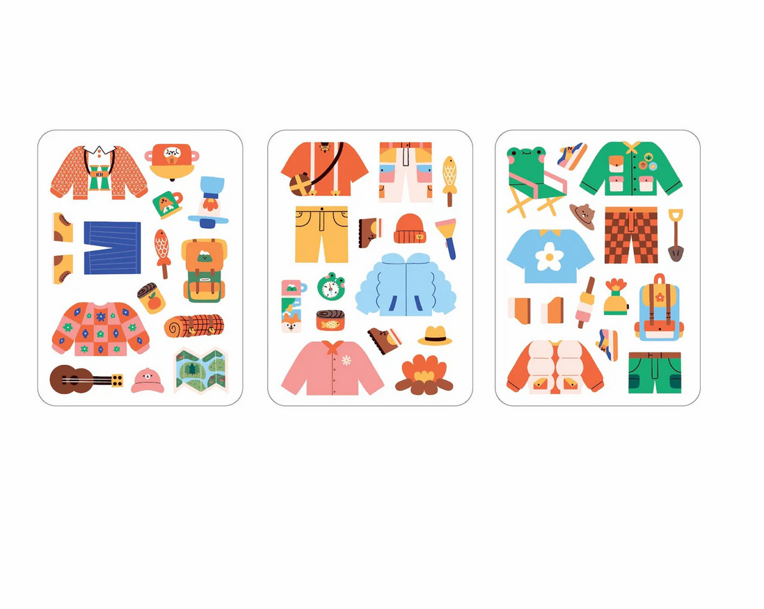Magnetic Happy Camper Set featuring colorful mix and match magnets of wildlife camper outfits and accessories.