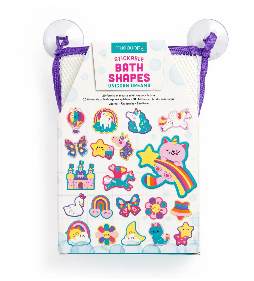 Bath Shapes Unicorn Dreams with 20 colorful stickable foam shapes including unicorns, rainbows, and stars for bath fun.